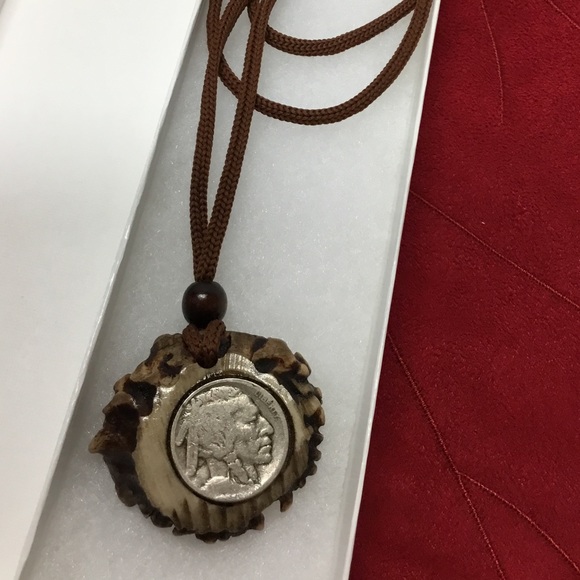 Jewelry - Handmade Old Nickel set in Wood Necklace